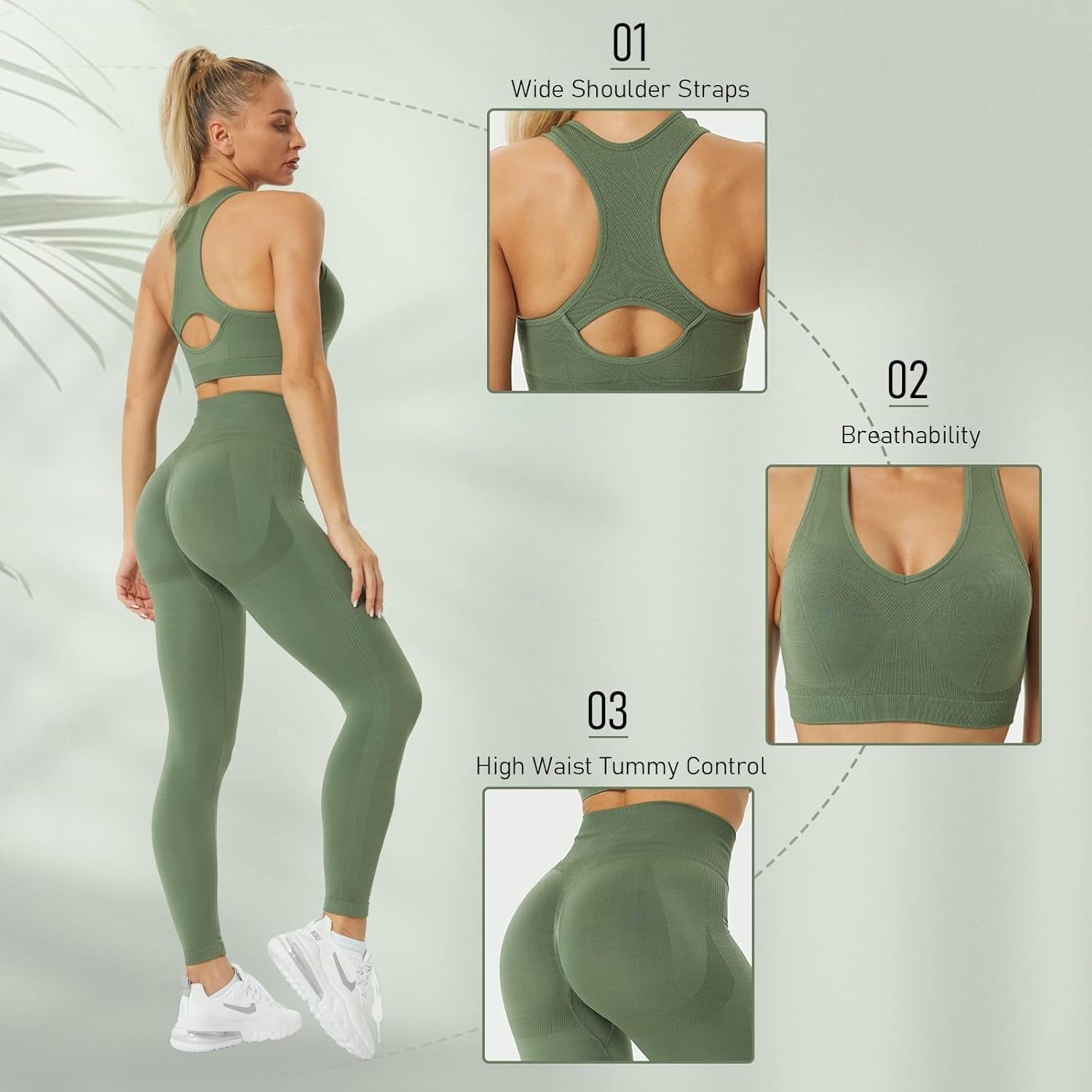 Women'S Workout Outfit 2 Pieces Seamless Yoga Workout Set High Waist Leggings with Sports Bra Gym Clothes Sets Green M