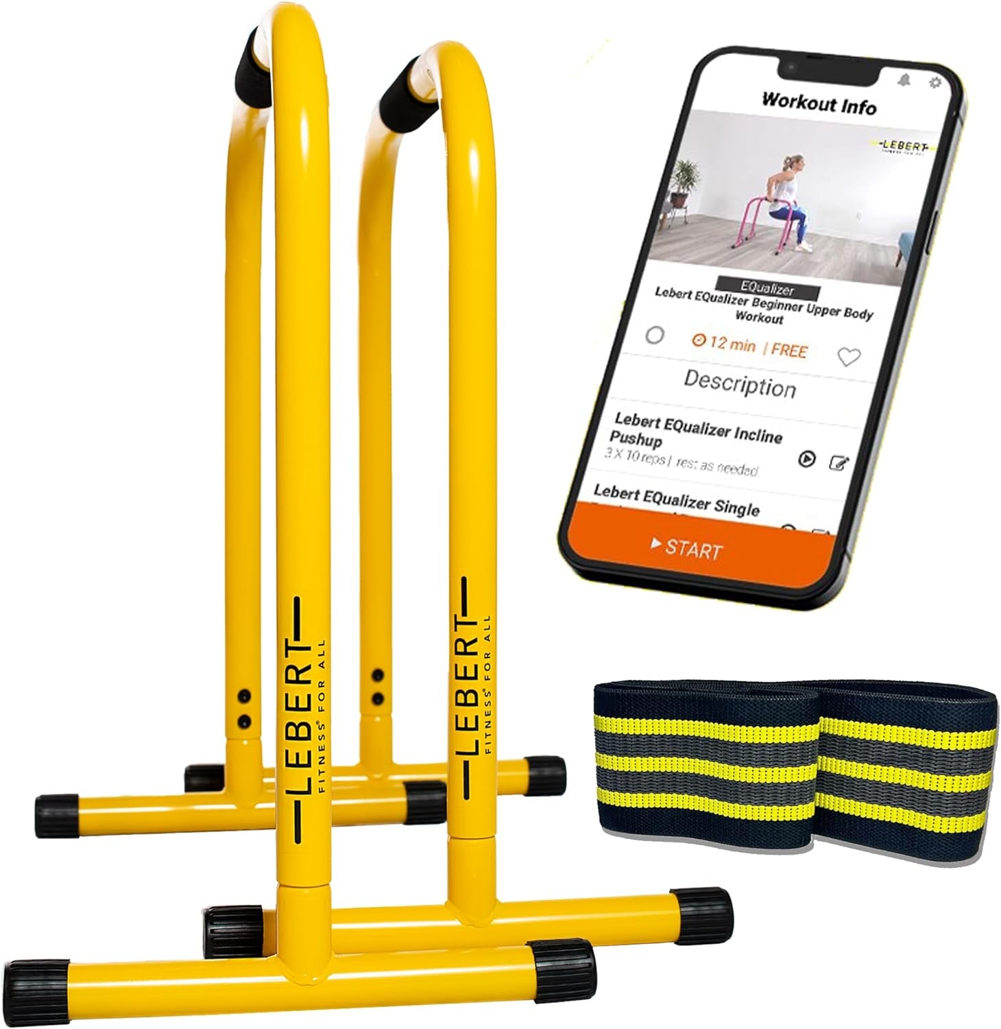 Dip Bar Stand - Original Equalizer Total Body Strengthener Pull up Bar Home Gym Exercise Equipment Dipping Station - Hip Resistance Band, Workout Guide and Online Group - Yellow