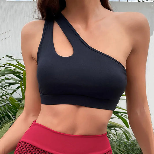 QK 2025 One Shoulder Women Mesh Patchwork Sports Bra Tops Bodycon Gym Sports Clothing Bustier Crop Bralette Blouses