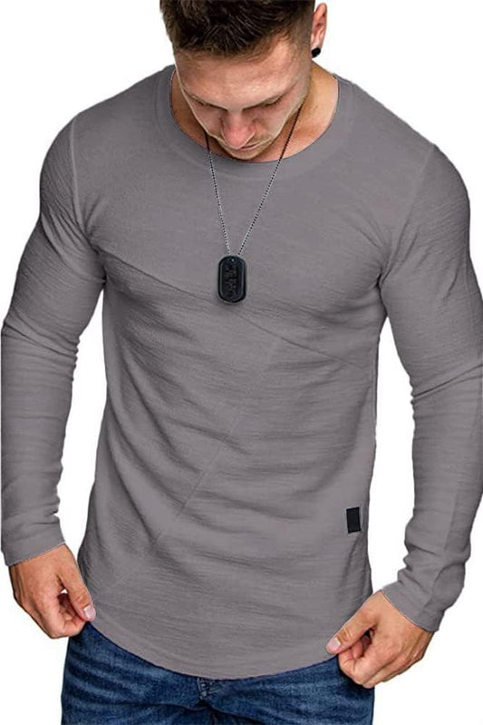 Long Sleeve Tee Shirts for Men Solid Color Sports Cotton T-Shirt Fashion Casual Slim Top C-Grey